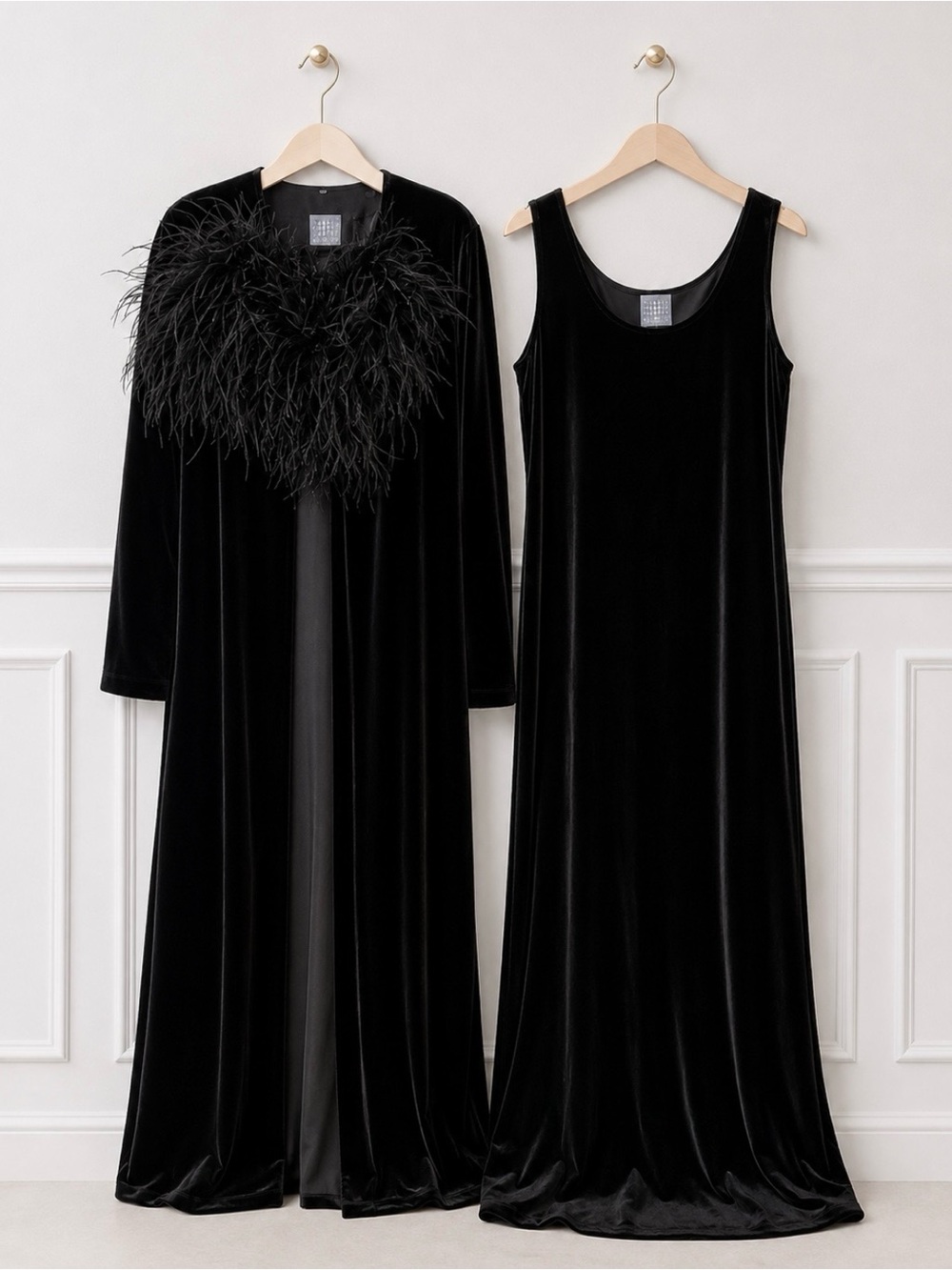 Vintage Black Velvet Ostrich Feathered Collar Duster & Long Dress Size 14